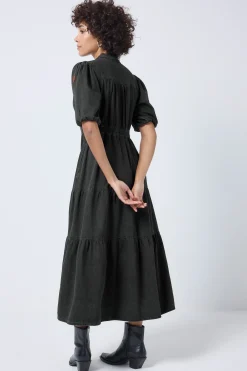 Women Scamp & Dude Washed Black Studded Zip Detail Tiered Midi Denim Dress