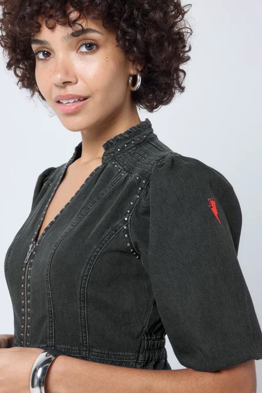 Women Scamp & Dude Washed Black Studded Zip Detail Tiered Short Denim Dress