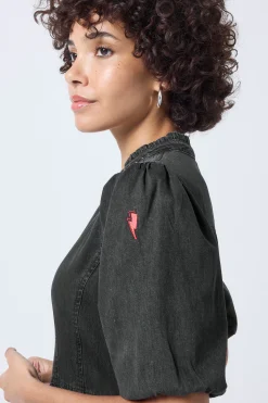 Women Scamp & Dude Washed Black Studded Zip Detail Tiered Midi Denim Dress