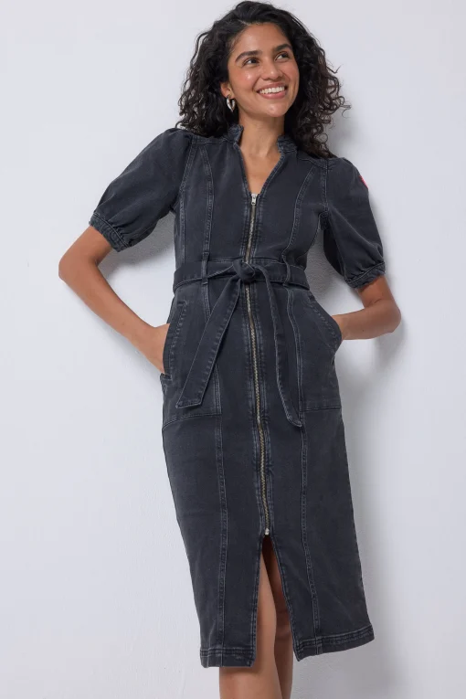 Women Scamp & Dude Washed Black Zip Detail Denim Dress