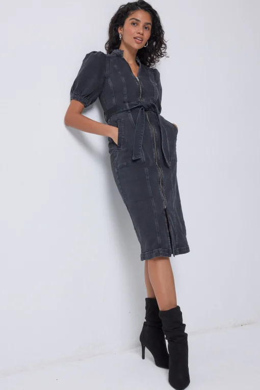 Women Scamp & Dude Washed Black Zip Detail Denim Dress