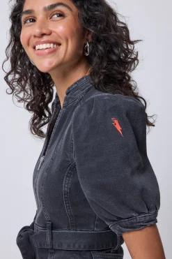 Women Scamp & Dude Washed Black Zip Detail Denim Dress