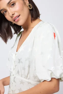 Women Scamp & Dude White Jacquard Star Puff Sleeve Midi Tea Dress
