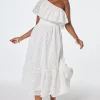 Women Scamp & Dude White One Shoulder Broderie Tiered Midi Dress