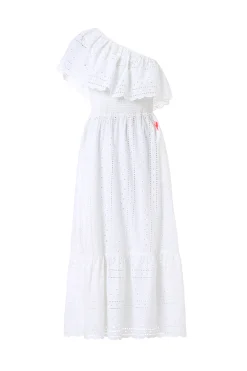 Women Scamp & Dude White One Shoulder Broderie Tiered Midi Dress