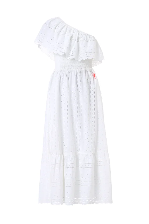 Women Scamp & Dude White One Shoulder Broderie Tiered Midi Dress