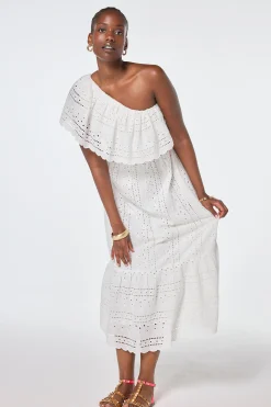 Women Scamp & Dude White One Shoulder Broderie Tiered Midi Dress