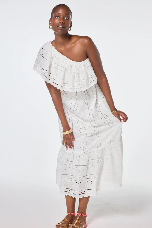 Women Scamp & Dude White One Shoulder Broderie Tiered Midi Dress