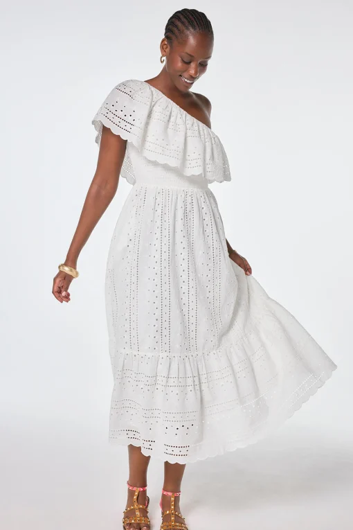 Women Scamp & Dude White One Shoulder Broderie Tiered Midi Dress