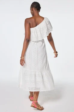 Women Scamp & Dude White One Shoulder Broderie Tiered Midi Dress