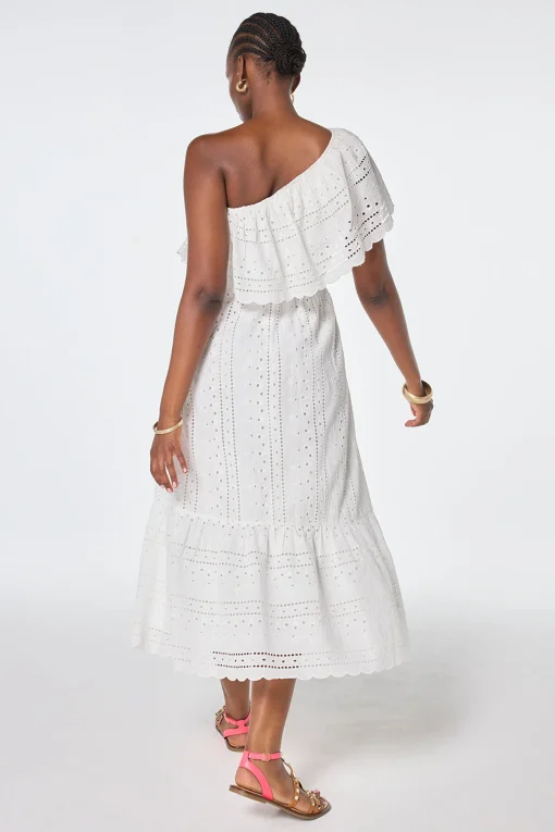 Women Scamp & Dude White One Shoulder Broderie Tiered Midi Dress