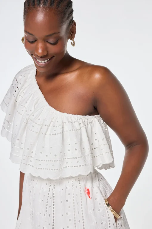 Women Scamp & Dude White One Shoulder Broderie Tiered Midi Dress