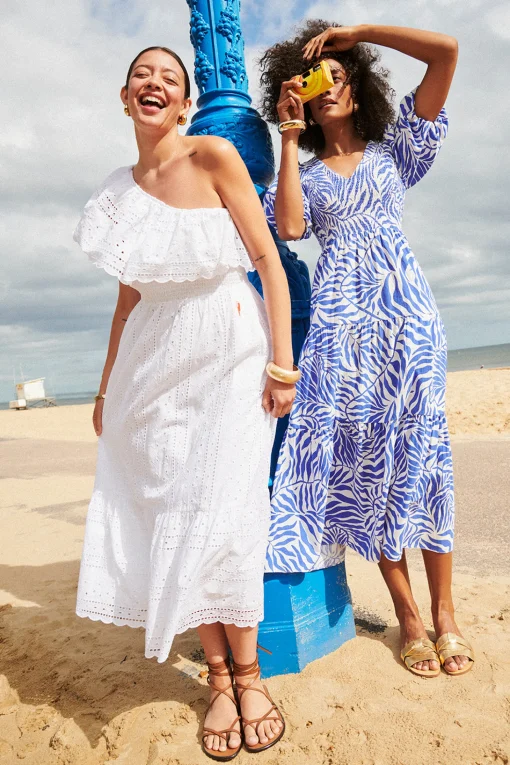 Women Scamp & Dude White One Shoulder Broderie Tiered Midi Dress