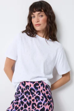 Women Scamp & Dude White Studded Relaxed Band T-Shirt