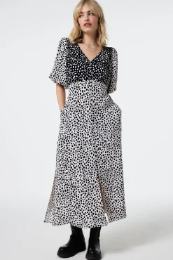 Women Scamp & Dude White with Black Mix Cheetah Puff Sleeve Midi Tea Dress