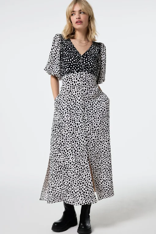 Women Scamp & Dude White with Black Mix Cheetah Puff Sleeve Midi Tea Dress