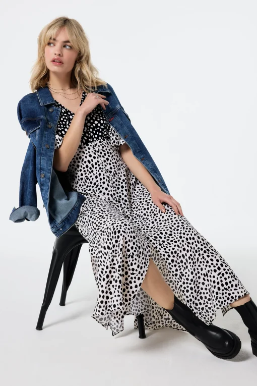 Women Scamp & Dude White with Black Mix Cheetah Puff Sleeve Midi Tea Dress