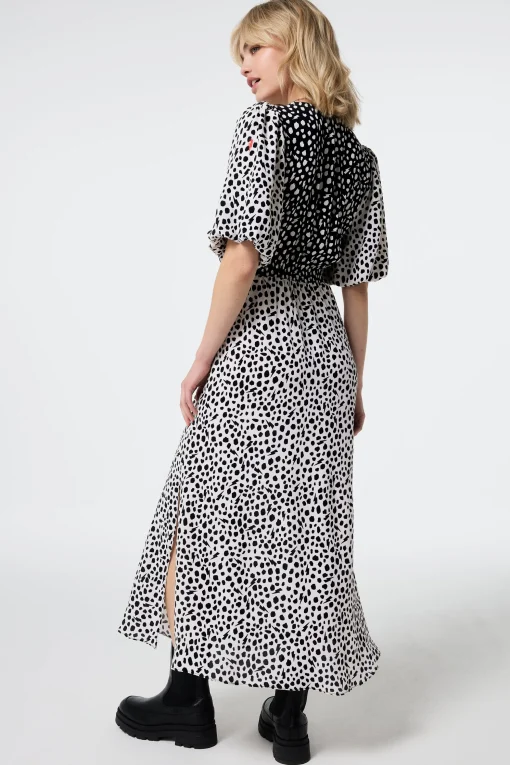 Women Scamp & Dude White with Black Mix Cheetah Puff Sleeve Midi Tea Dress