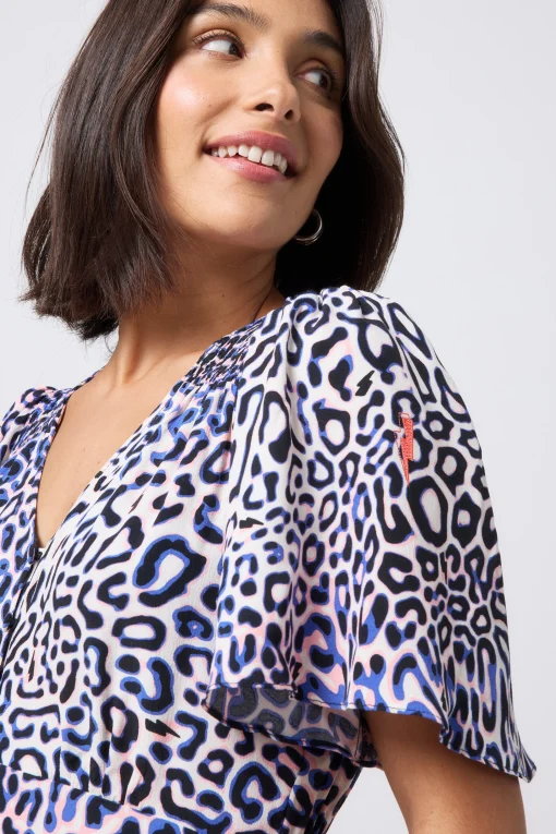 Women Scamp & Dude White with Blue and Pink Leopard Ray Angel Sleeve Midi Tea Dress