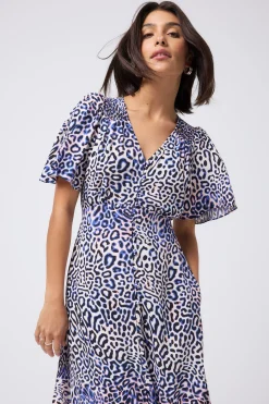 Women Scamp & Dude White with Blue and Pink Leopard Ray Angel Sleeve Midi Tea Dress
