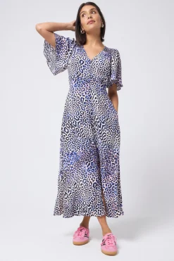 Women Scamp & Dude White with Blue and Pink Leopard Ray Angel Sleeve Midi Tea Dress