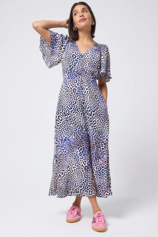 Women Scamp & Dude White with Blue and Pink Leopard Ray Angel Sleeve Midi Tea Dress