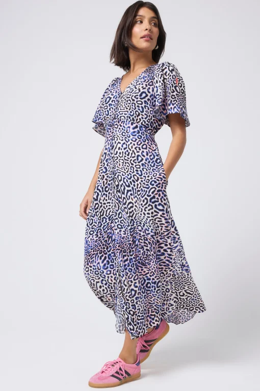 Women Scamp & Dude White with Blue and Pink Leopard Ray Angel Sleeve Midi Tea Dress