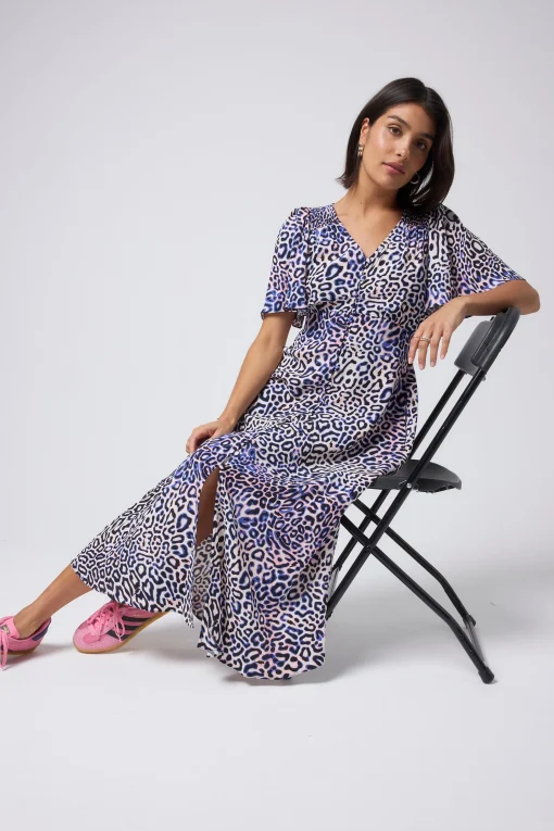 Women Scamp & Dude White with Blue and Pink Leopard Ray Angel Sleeve Midi Tea Dress