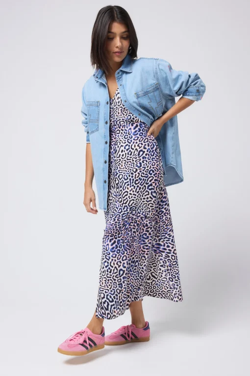 Women Scamp & Dude White with Blue and Pink Leopard Ray Angel Sleeve Midi Tea Dress