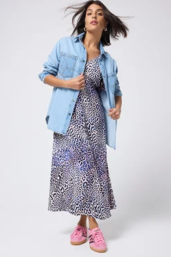 Women Scamp & Dude White with Blue and Pink Leopard Ray Angel Sleeve Midi Tea Dress