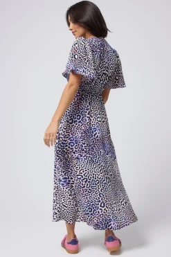 Women Scamp & Dude White with Blue and Pink Leopard Ray Angel Sleeve Midi Tea Dress