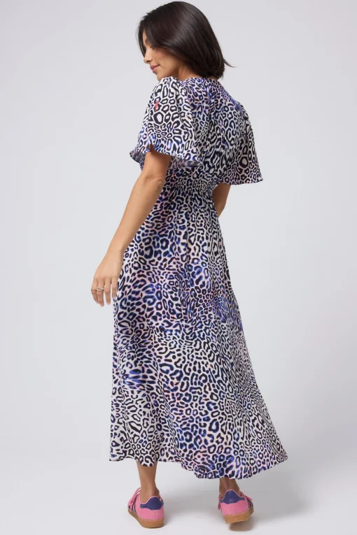 Women Scamp & Dude White with Blue and Pink Leopard Ray Angel Sleeve Midi Tea Dress