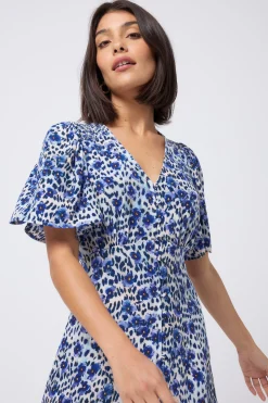 Women Scamp & Dude White with Blue Floral Animal Print Angel Sleeve Midi Tea Dress
