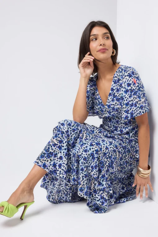 Women Scamp & Dude White with Blue Floral Animal Print Ruffle Detail Midi Dress