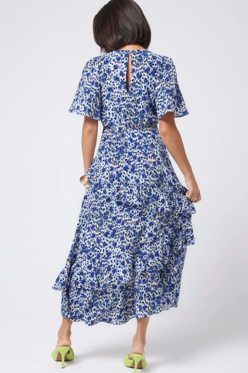 Women Scamp & Dude White with Blue Floral Animal Print Ruffle Detail Midi Dress