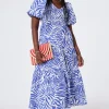 Women Scamp & Dude White with Blue Palm Shirred Puff Sleeve Maxi Dress
