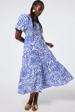 Women Scamp & Dude White with Blue Palm Shirred Puff Sleeve Maxi Dress
