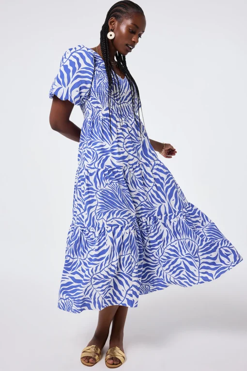 Women Scamp & Dude White with Blue Palm Shirred Puff Sleeve Maxi Dress
