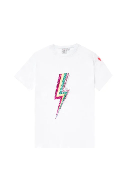 Women Scamp & Dude White with Multi Coloured Sequin and Foil Lightning Bolt T-Shirt