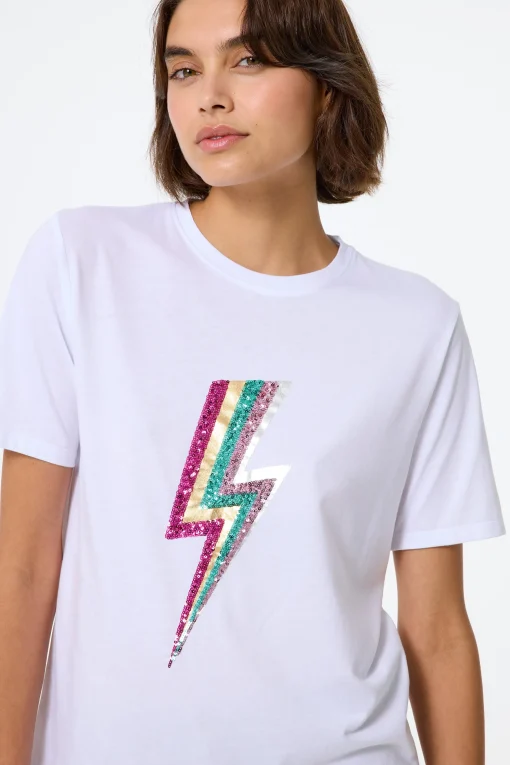 Women Scamp & Dude White with Multi Coloured Sequin and Foil Lightning Bolt T-Shirt