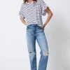Women Scamp & Dude White with Navy Stripe Frill Sleeve T-Shirt