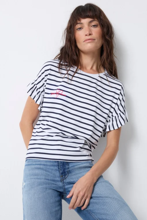 Women Scamp & Dude White with Navy Stripe Frill Sleeve T-Shirt