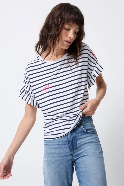 Women Scamp & Dude White with Navy Stripe Frill Sleeve T-Shirt