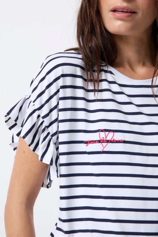 Women Scamp & Dude White with Navy Stripe Frill Sleeve T-Shirt