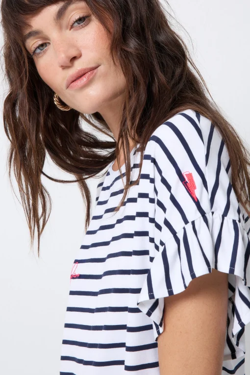 Women Scamp & Dude White with Navy Stripe Frill Sleeve T-Shirt