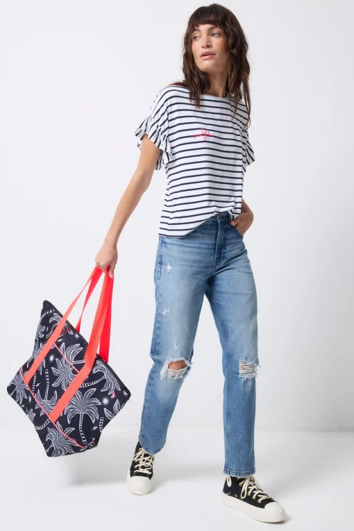 Women Scamp & Dude White with Navy Stripe Frill Sleeve T-Shirt