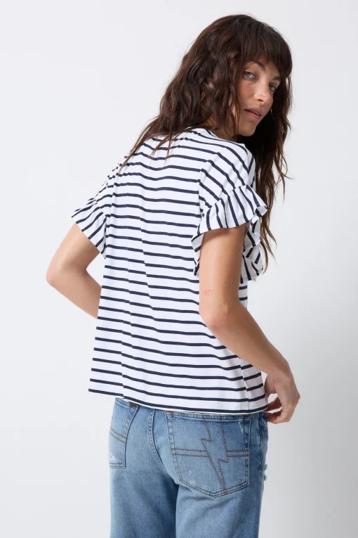 Women Scamp & Dude White with Navy Stripe Frill Sleeve T-Shirt